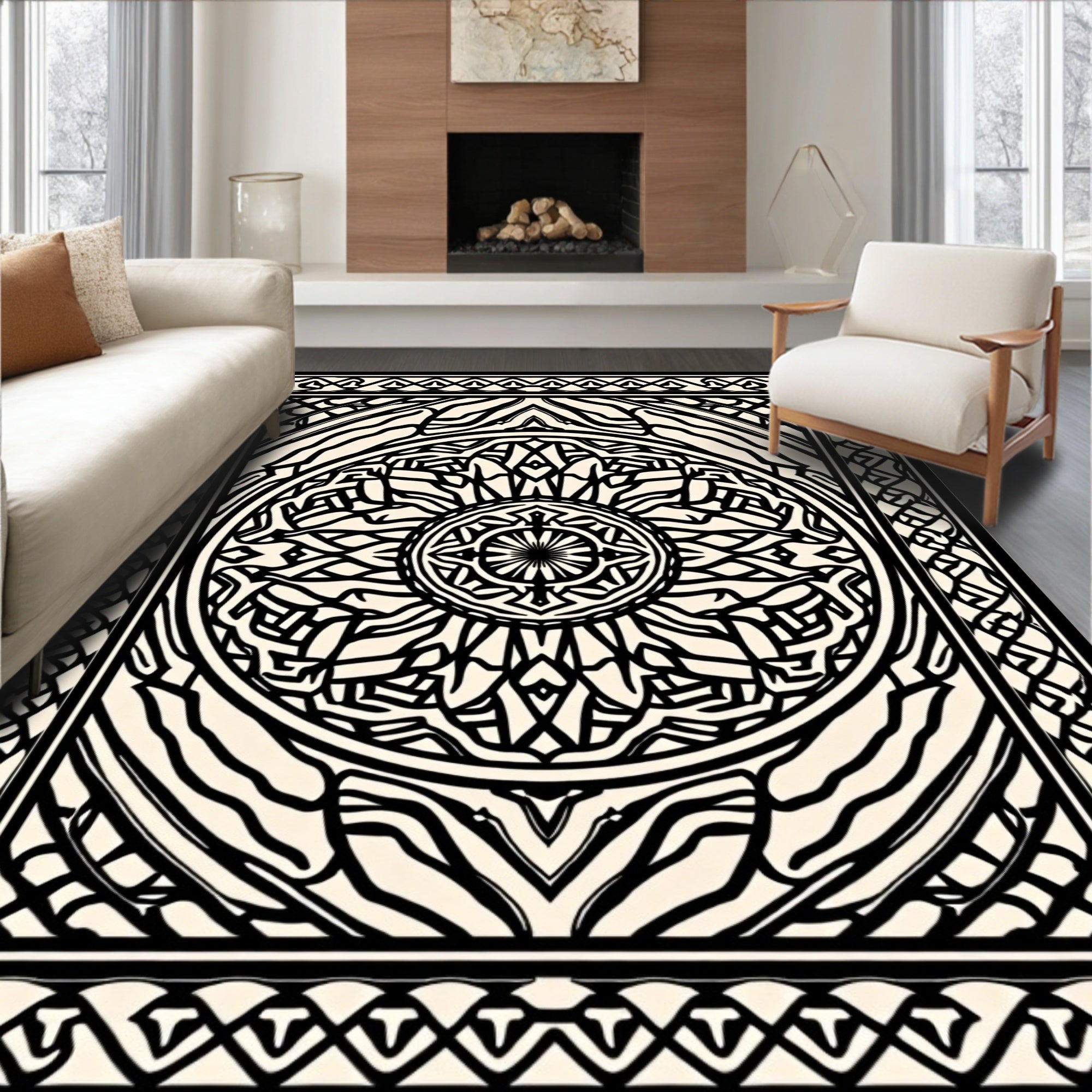 Intricate Black and Cream Mandala Design Rug