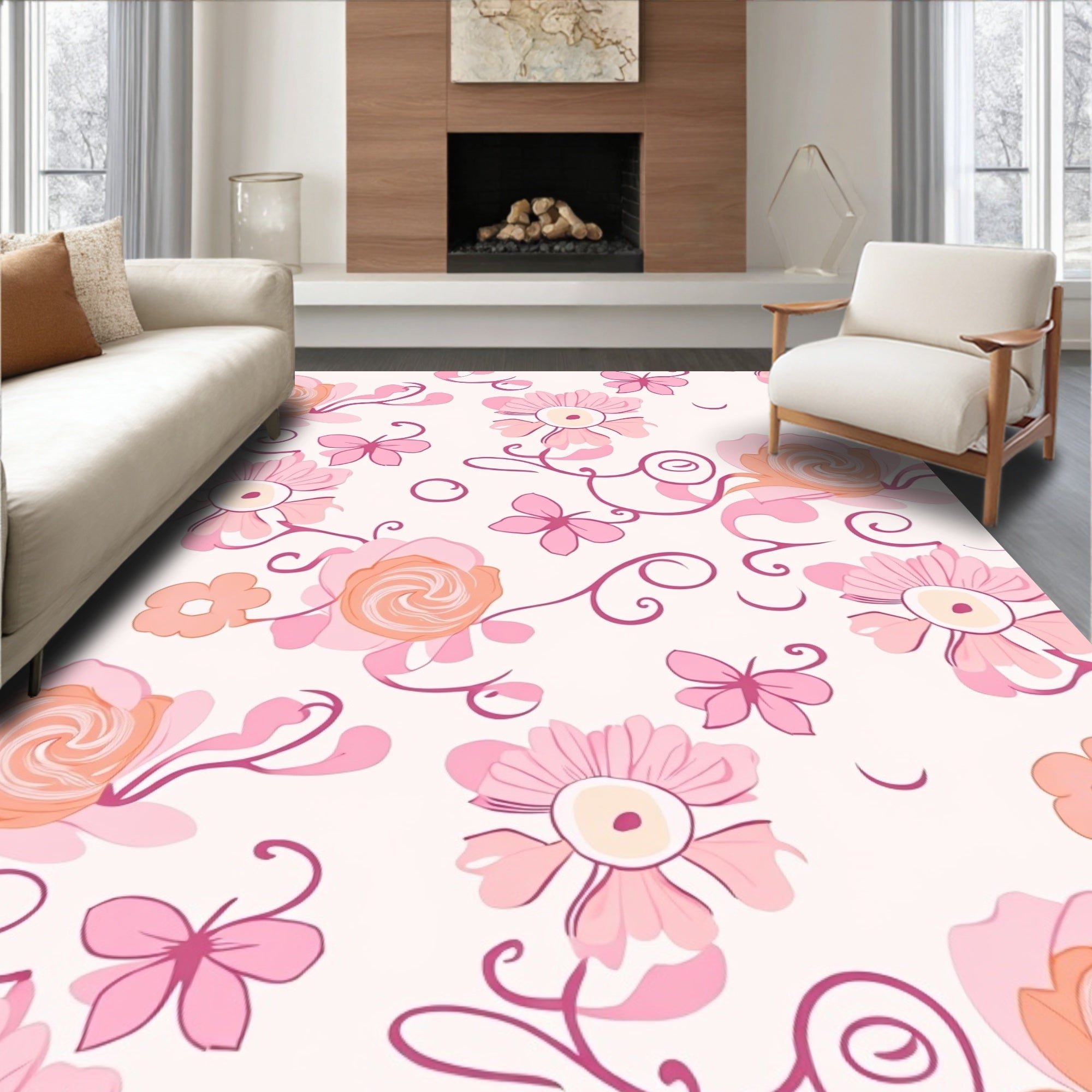 Pink Floral And Butterfly Pattern Rug
