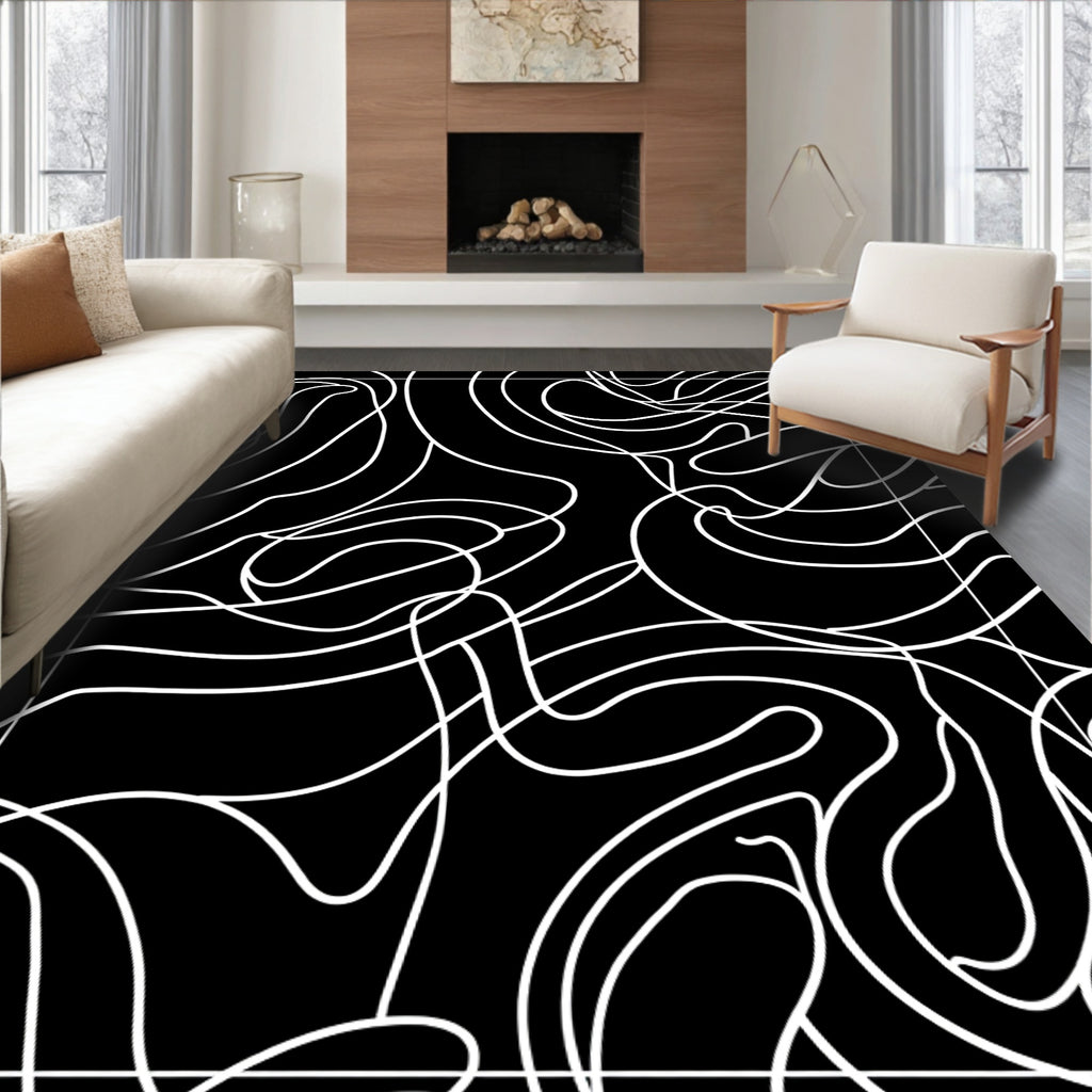 Chic Black White Abstract Swirl Pattern Rug