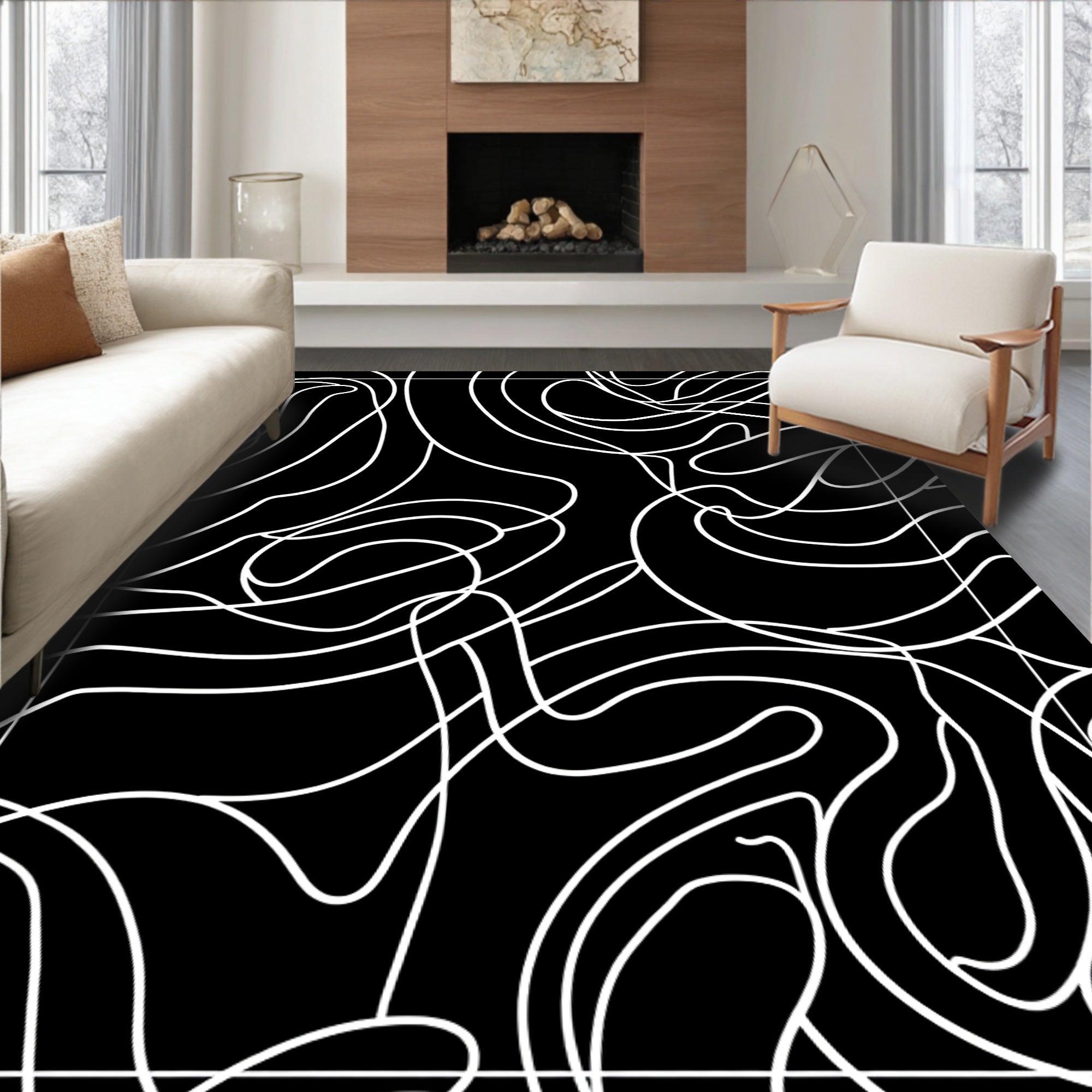 Chic Black White Abstract Swirl Pattern Rug