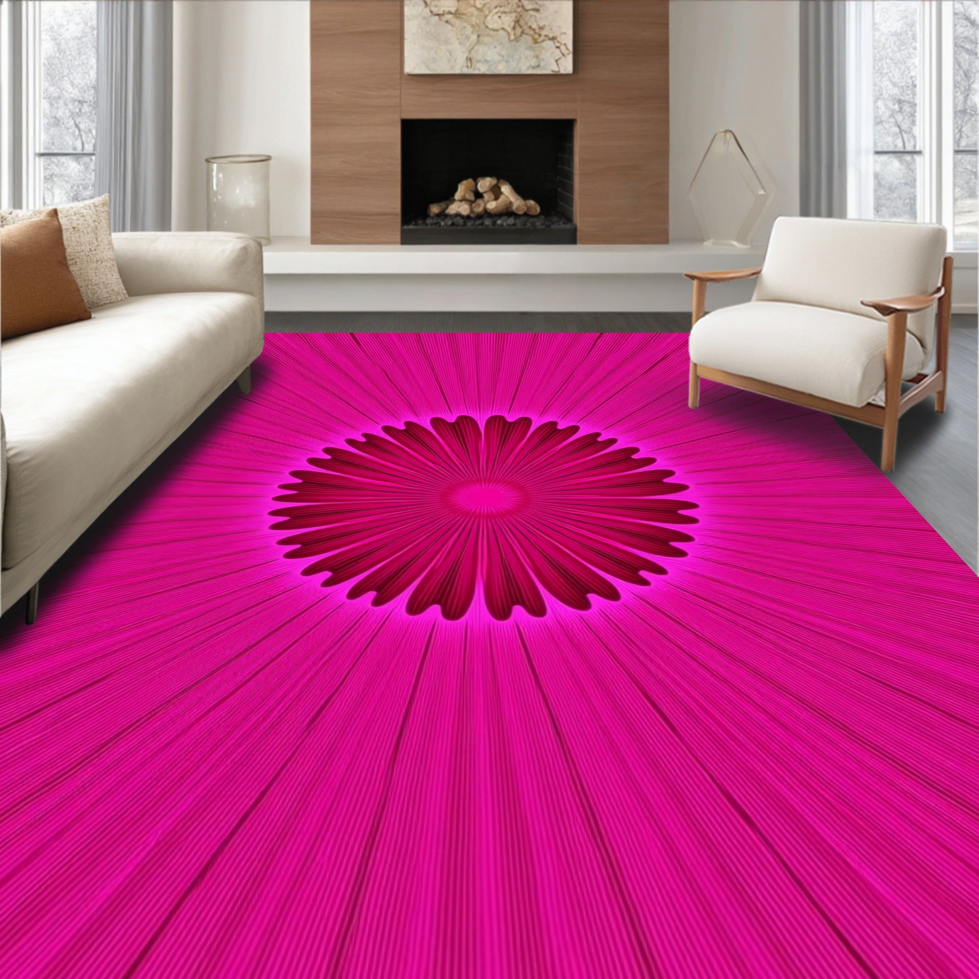 Radiant Pink Petal Starburst Design Rug