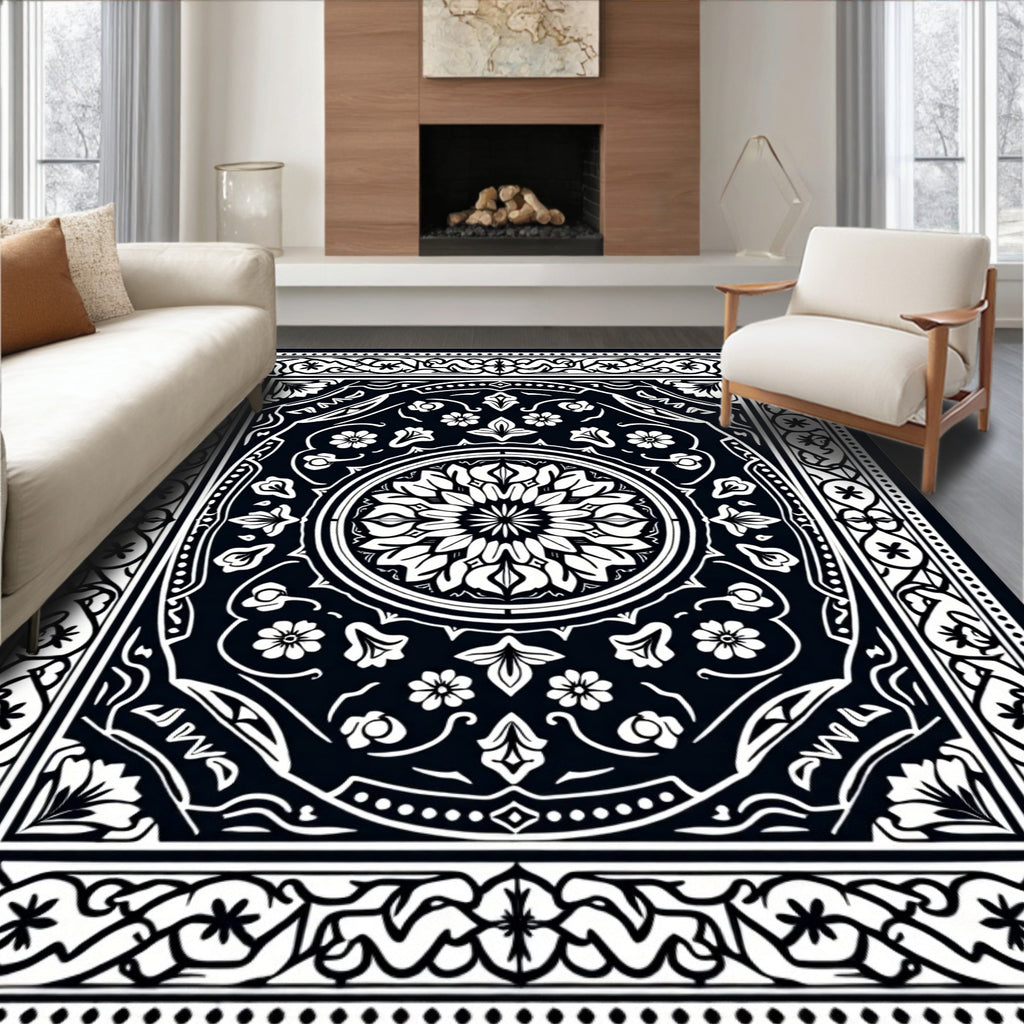 Intricate Floral Mandala Black White Design Rug