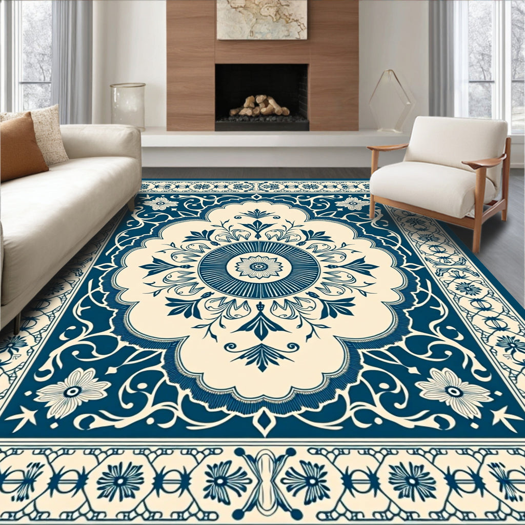 Vintage Blue Floral Mandala Pattern Rug