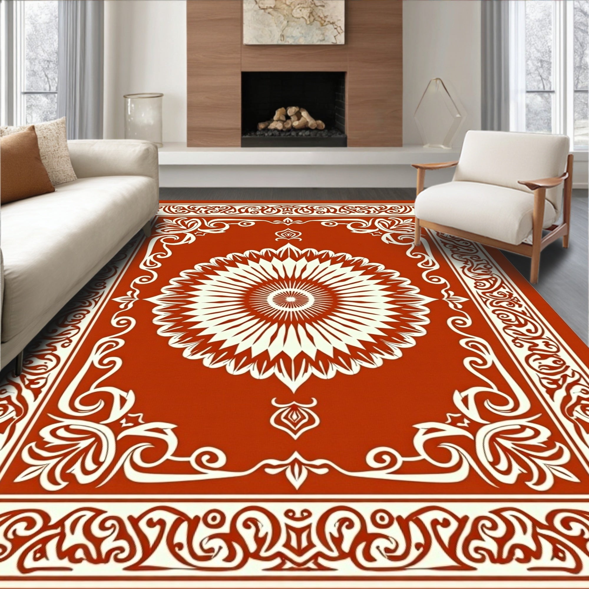 Rustic Floral Medallion With Border Design Rug