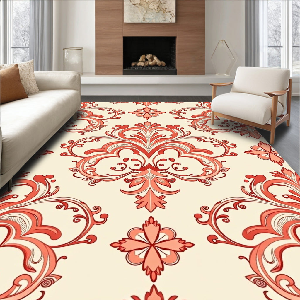 Coral Floral Scrollwork Pattern Rug