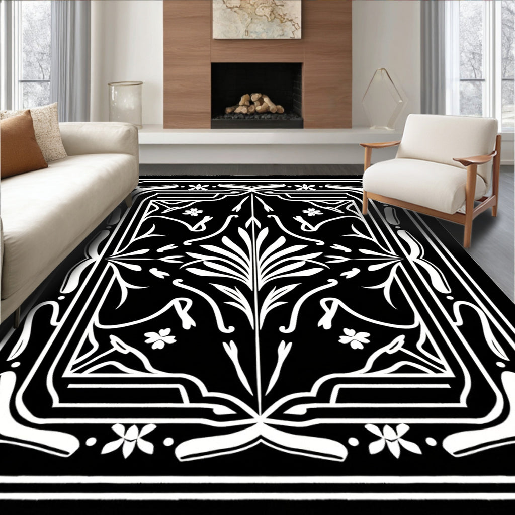 Monochromatic Floral Scrollwork Design Rug