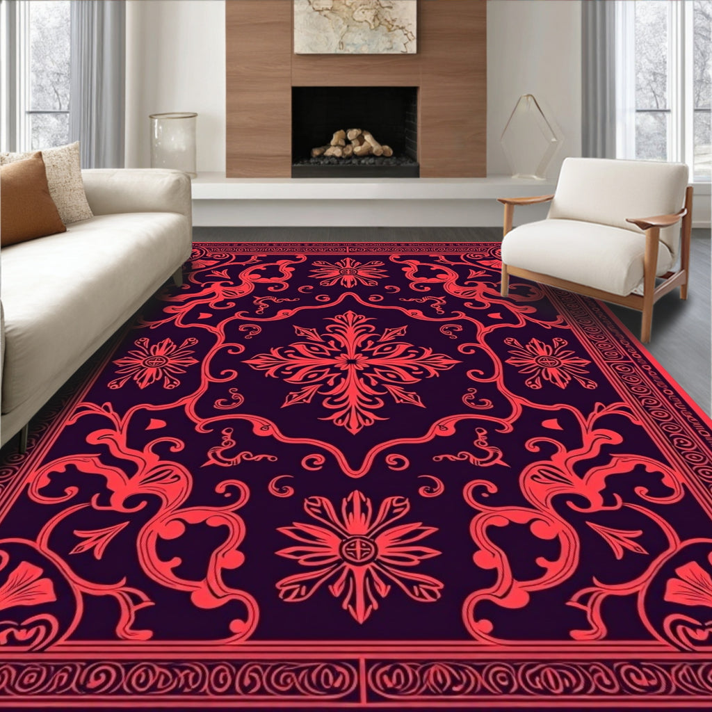 Ornate Red Floral Scrollwork Rug