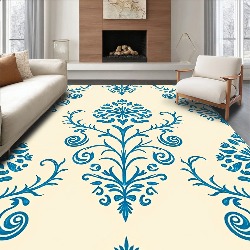 Blue Floral Damask Pattern Rug