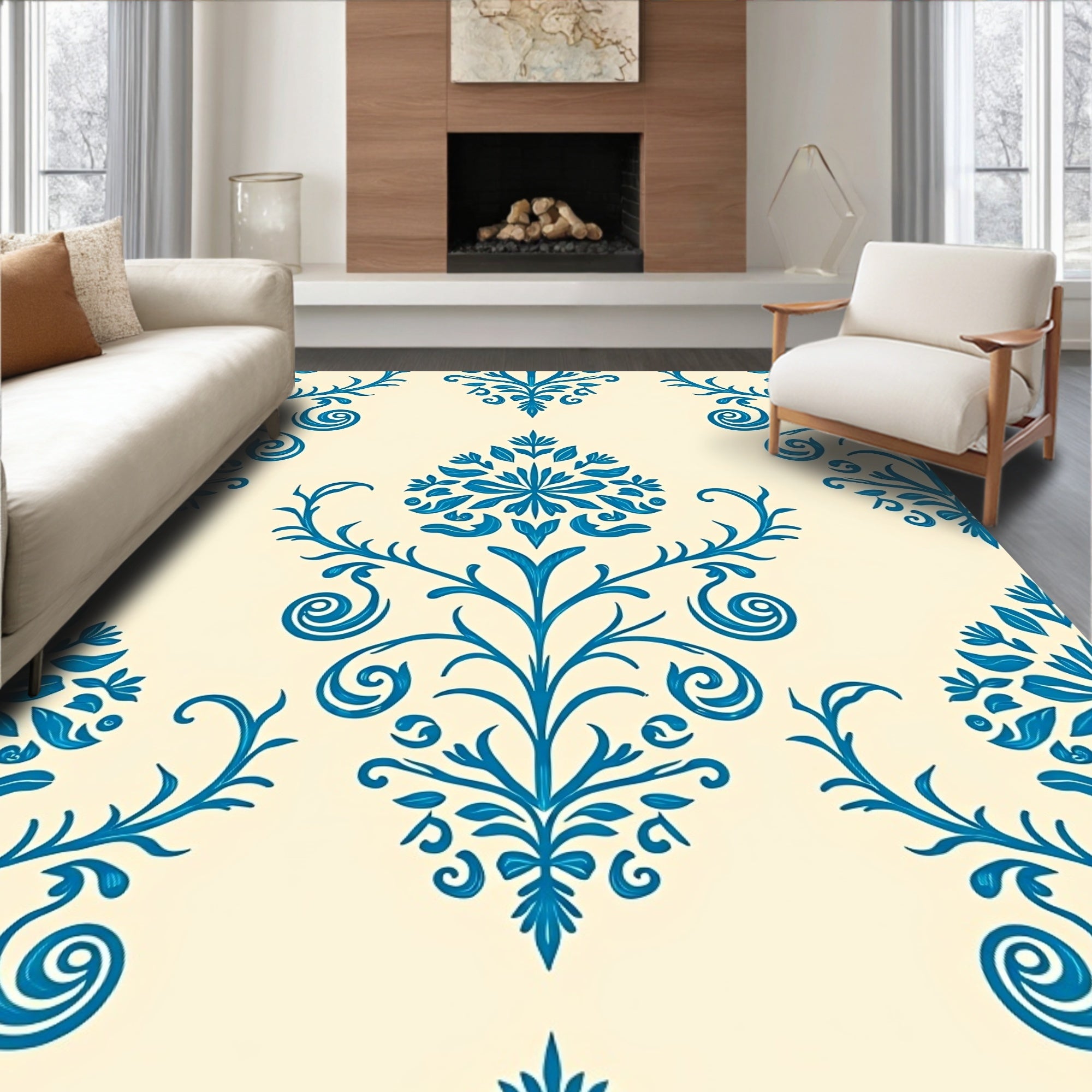 Blue Floral Damask Pattern Rug