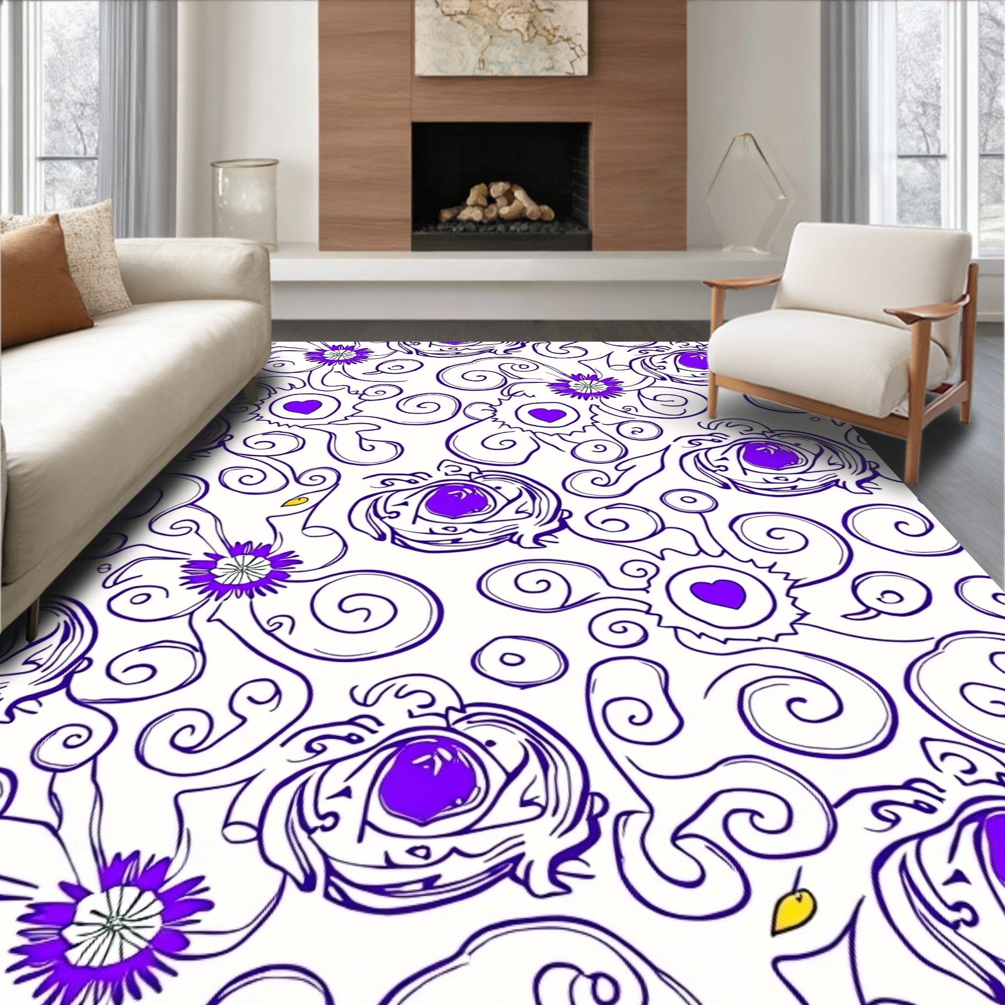 Whimsical Floral Swirl Purple Heart Design Rug