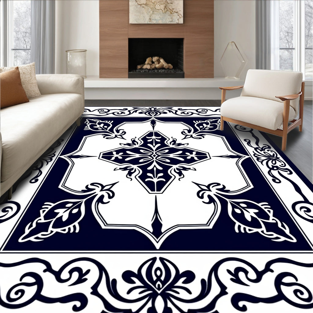 Dark Blue White Ornamental Floral Design Rug
