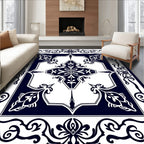 Dark Blue White Ornamental Floral Design Rug