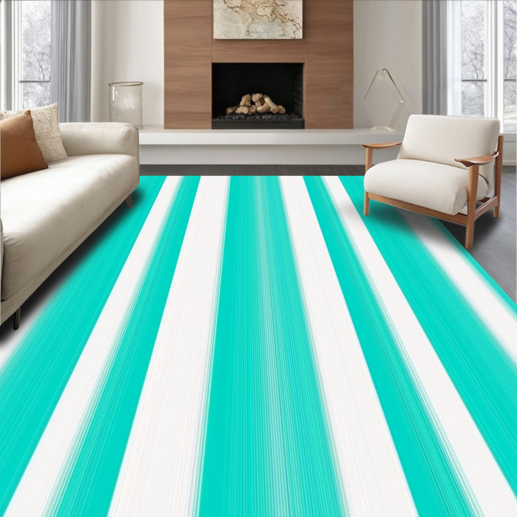 Bold Teal White Stripe Pattern Rug