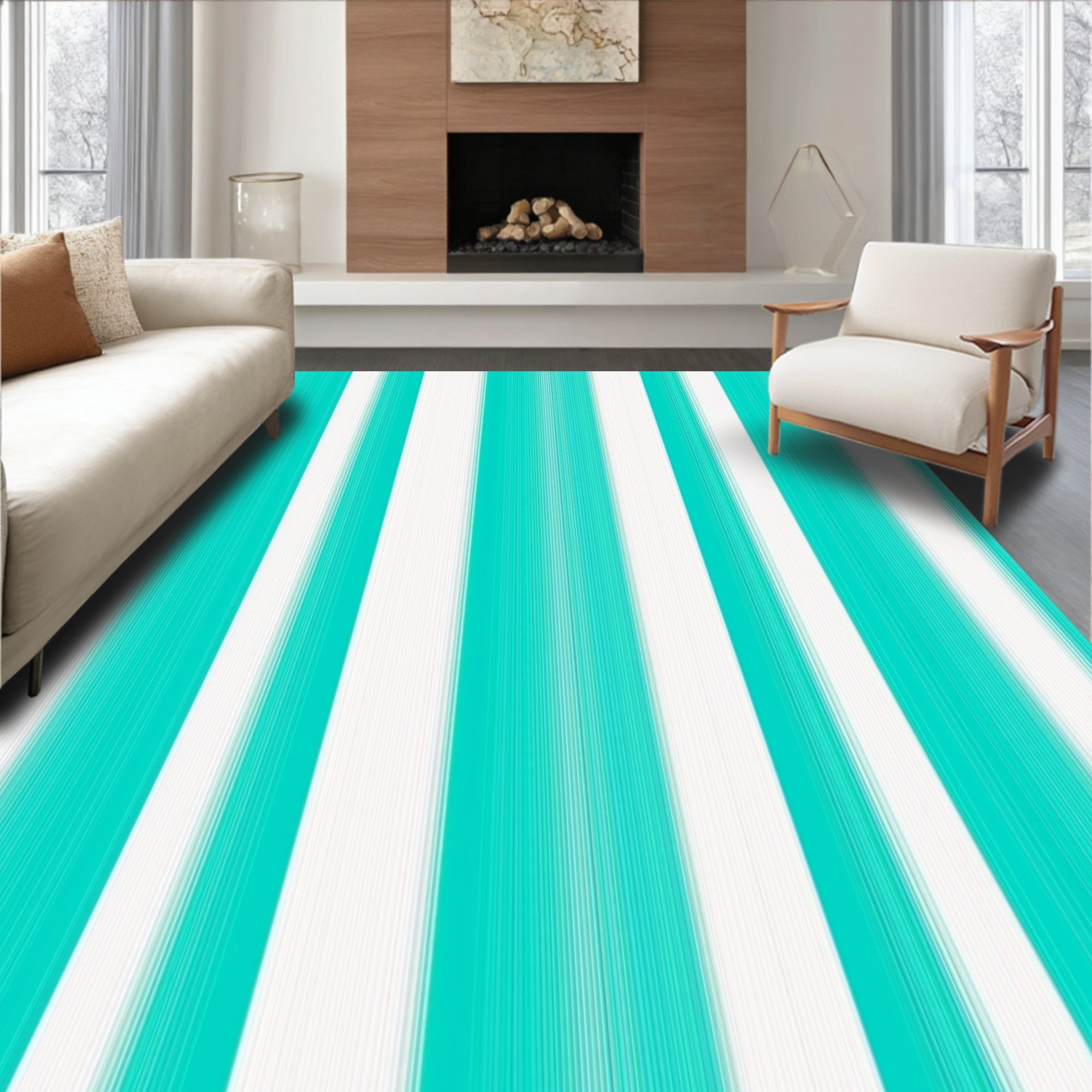 Bold Teal White Stripe Pattern Rug