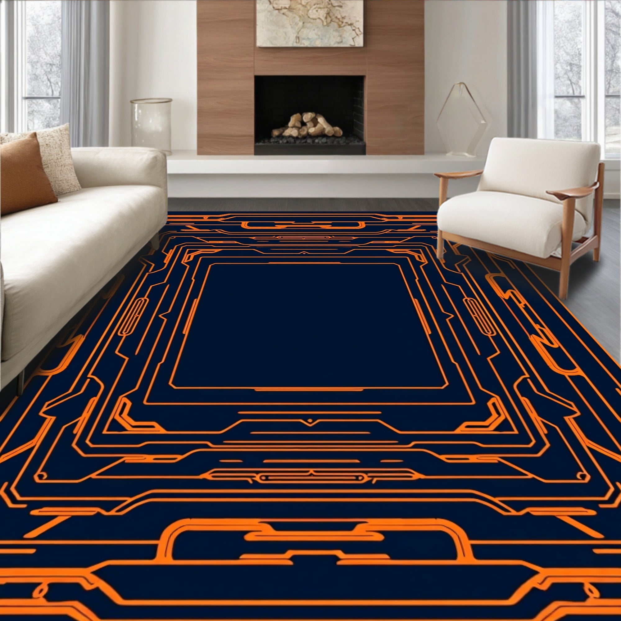 Orange Circuit Board Geometric Design Rug