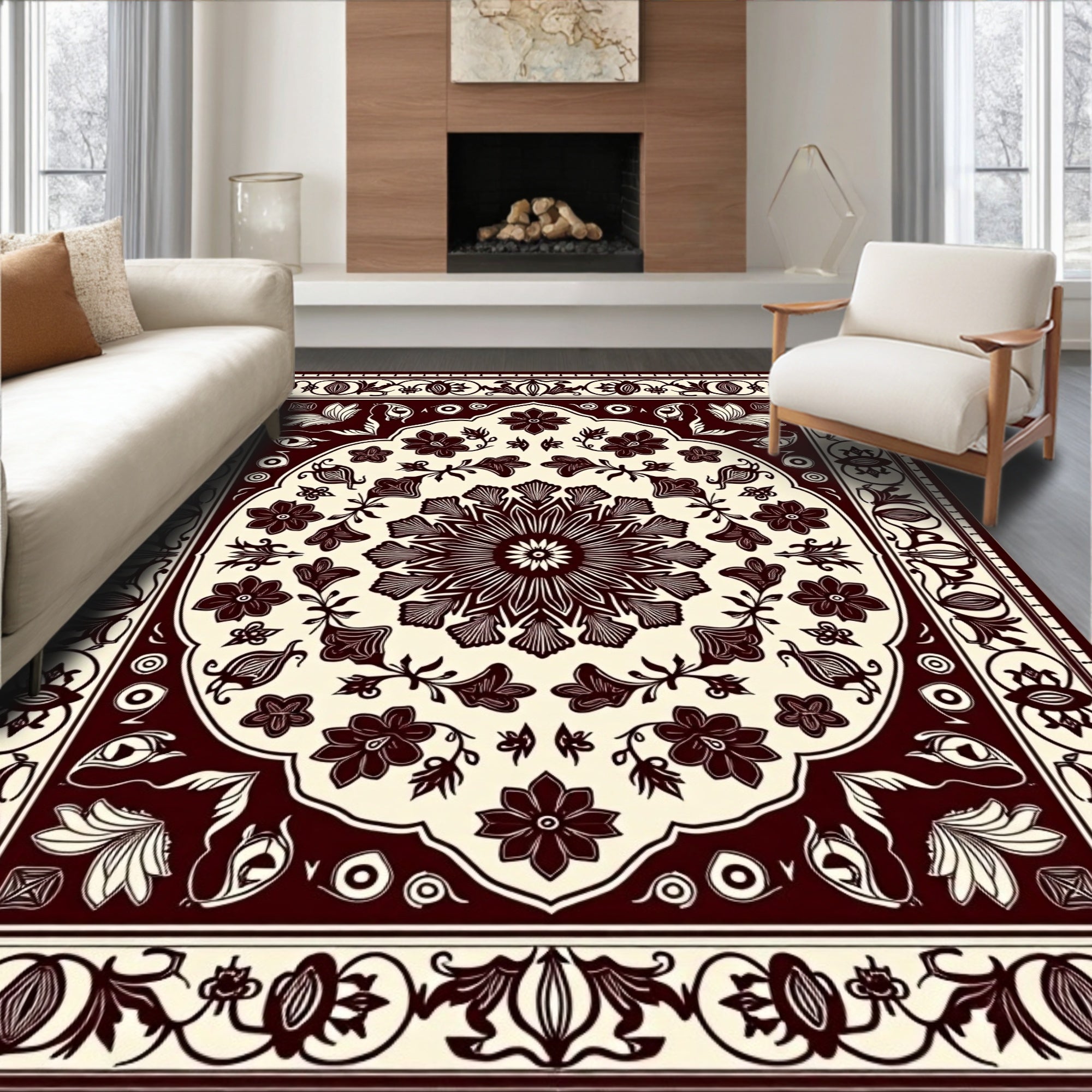 Maroon Floral Mandala Pattern Rug