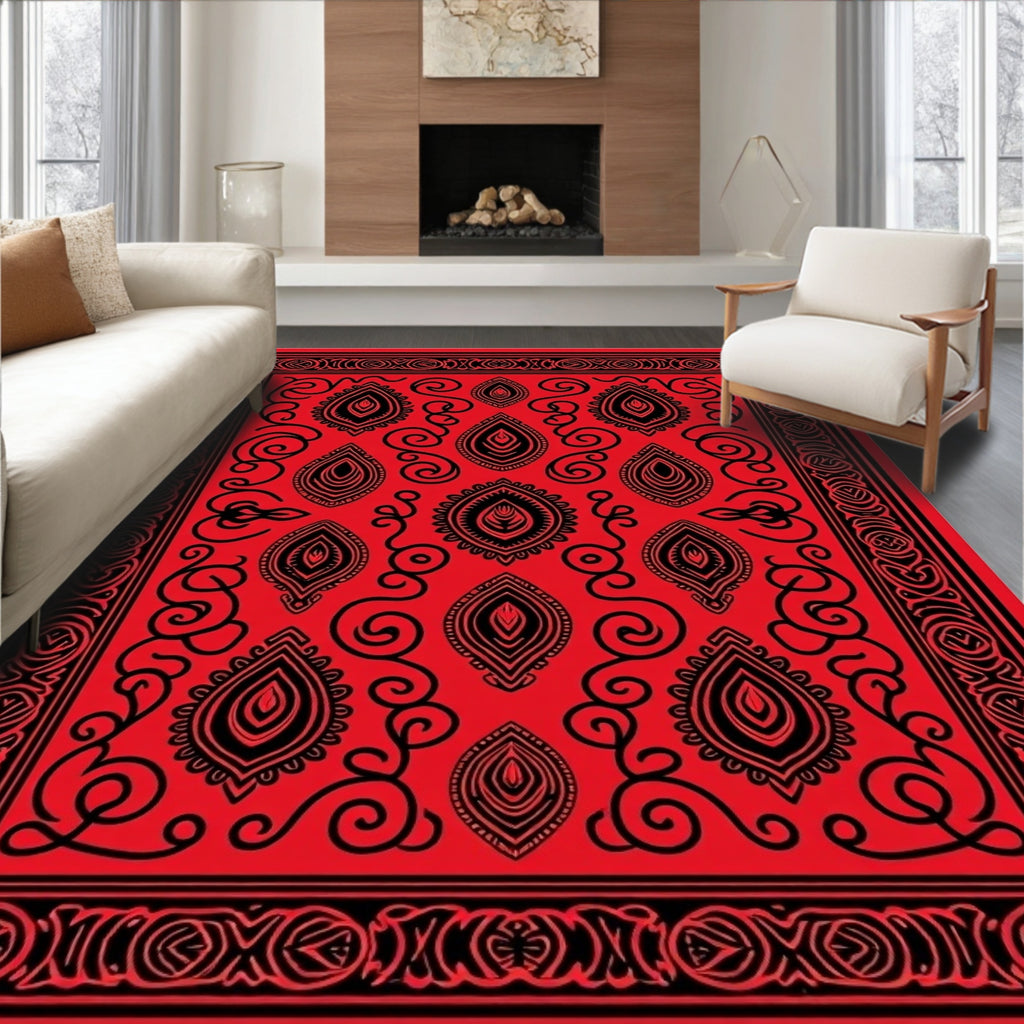 Red Black Ornate Paisley Rug