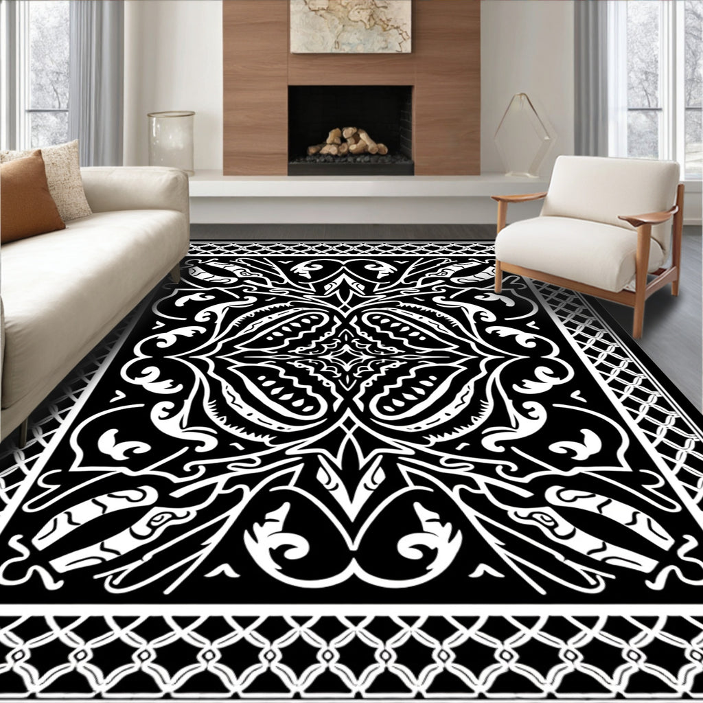 Black White Ornamental Stylized Damask Rug