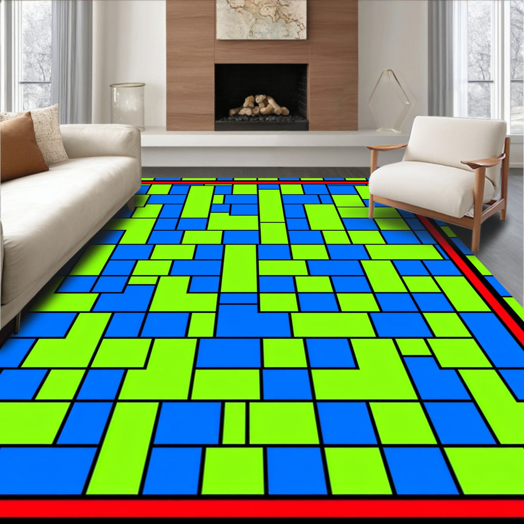 Vibrant Blue Green Rectangular Grid Rug