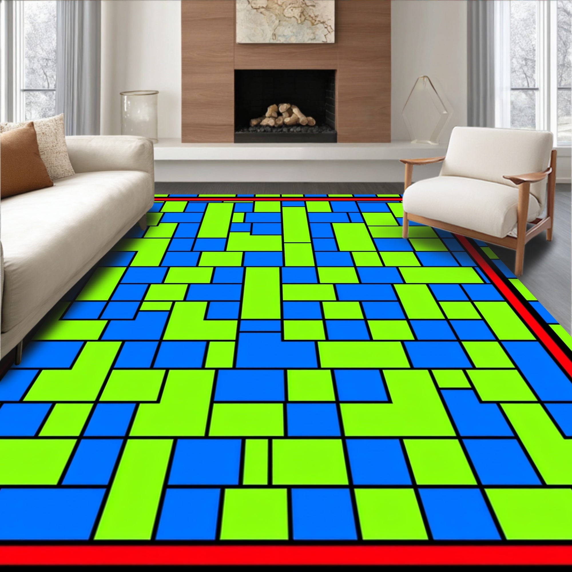 Vibrant Blue Green Rectangular Grid Rug