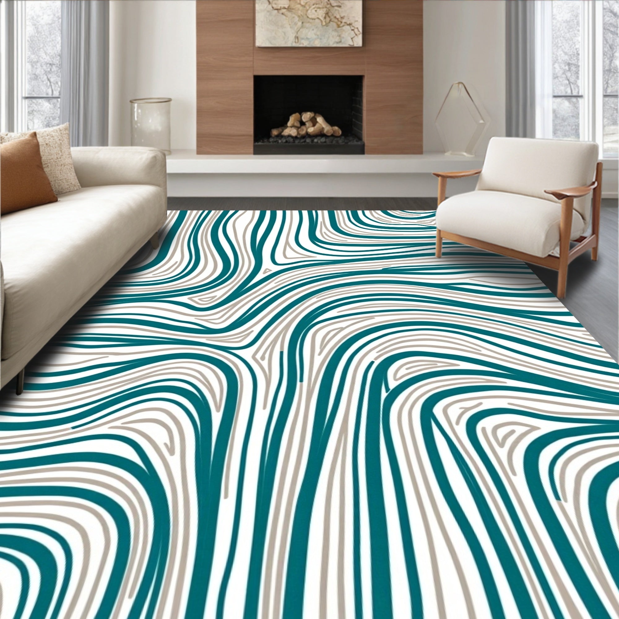 Modern Teal Gray Wavy Lines Rug