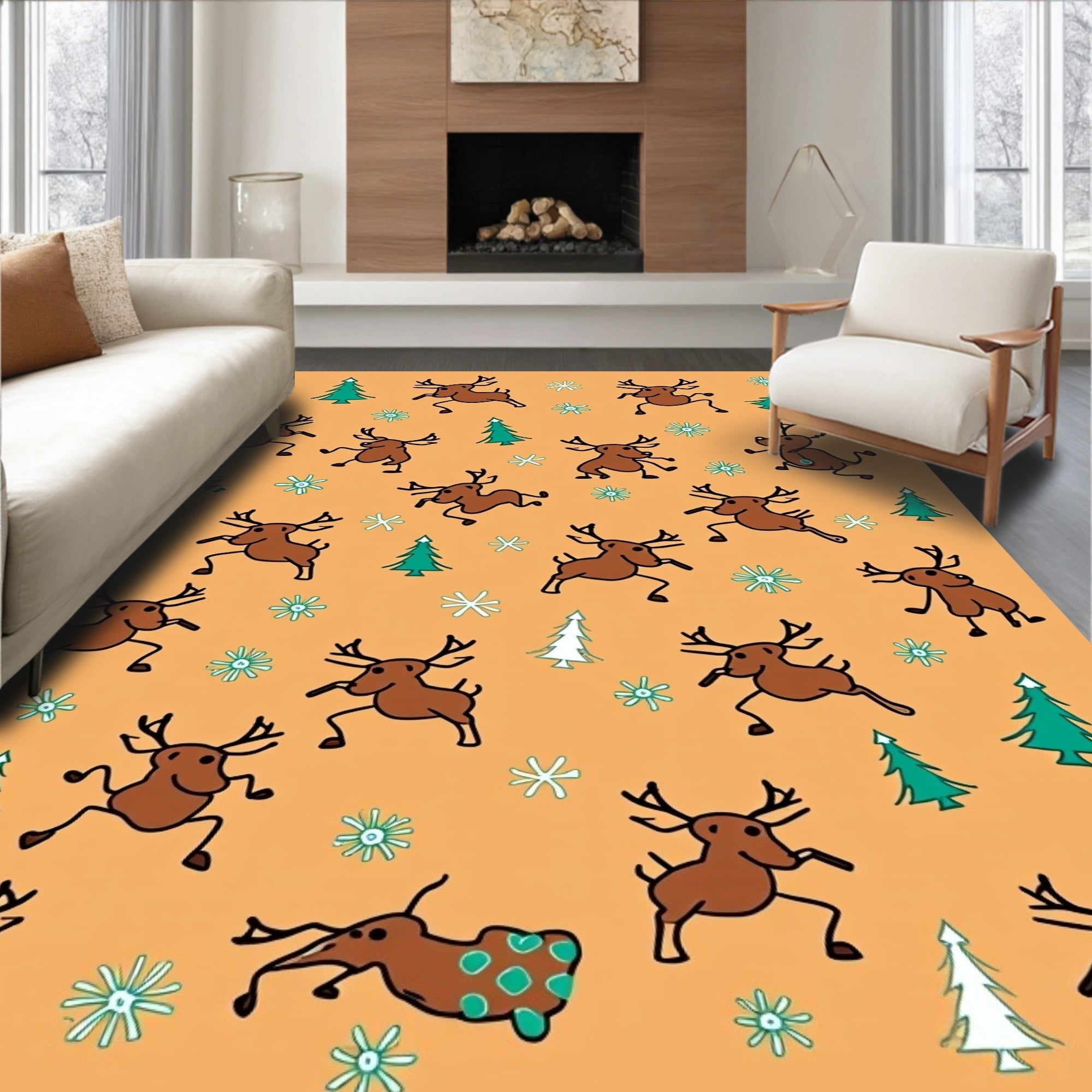 Whimsical Brown Reindeer Christmas Trees Rug