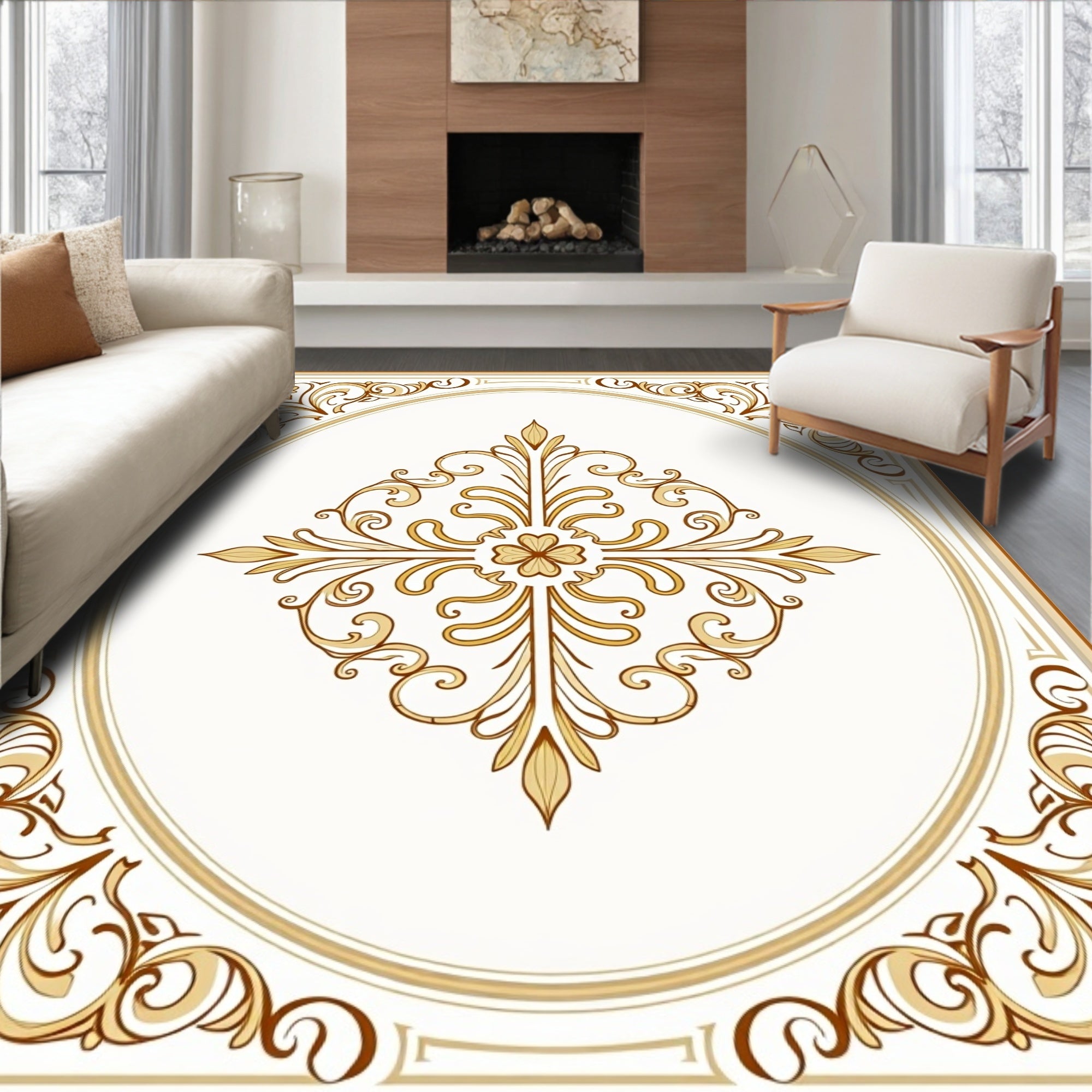 Classical Gold Floral Swirl Pattern Rug