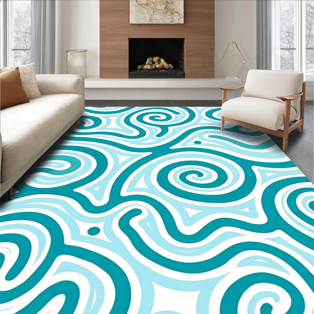 Teal Abstract Swirling Curls Rug