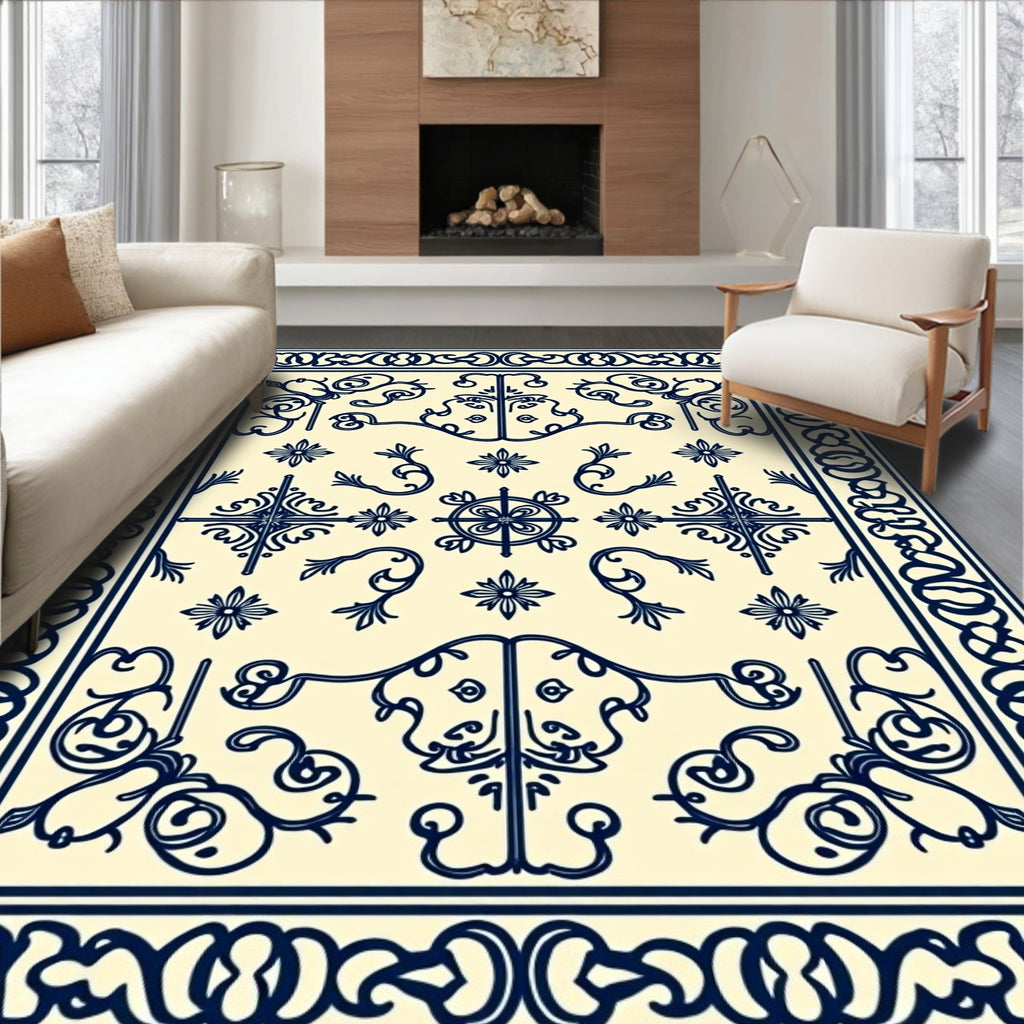Navy Scrollwork Floral Pattern Rug