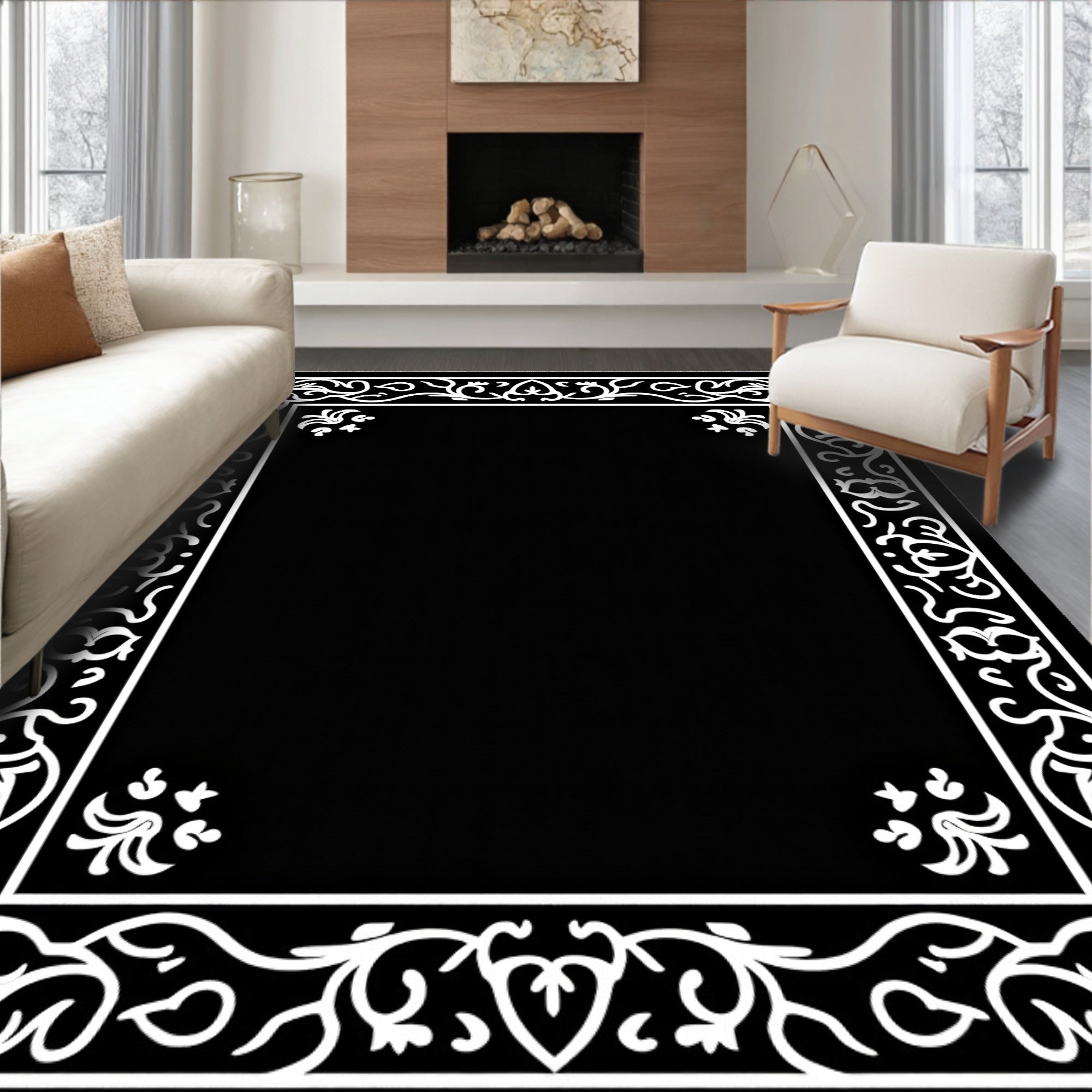 Elegant Black White Floral Vines Rug