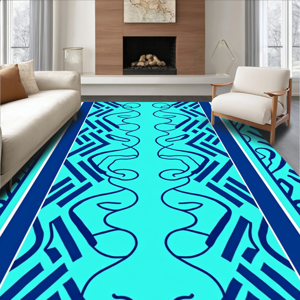 Bold Teal Geometric Swirl Pattern Rug