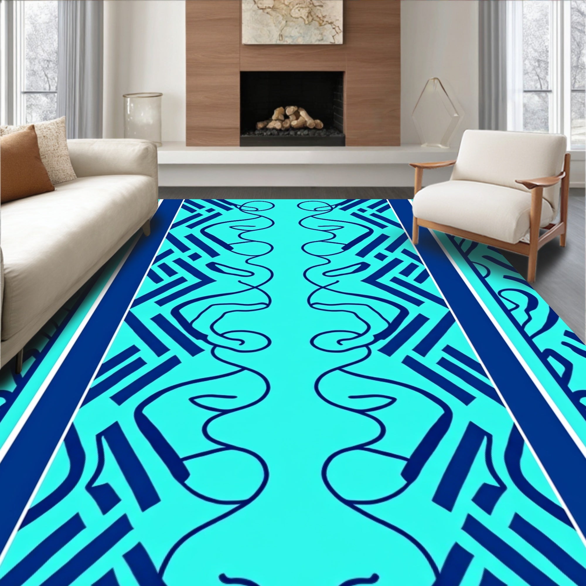 Bold Teal Geometric Swirl Pattern Rug
