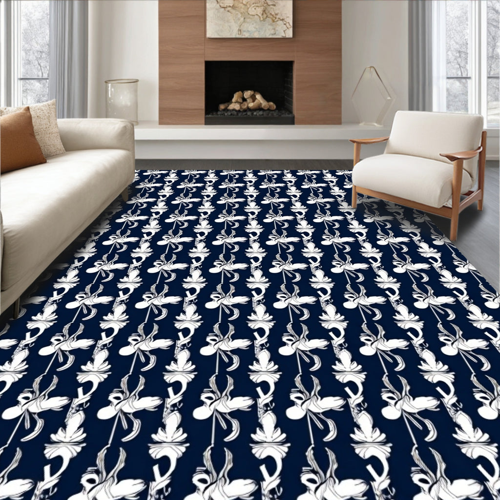 Dark Navy White Floral Scroll Pattern Rug