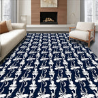 Dark Navy White Floral Scroll Pattern Rug