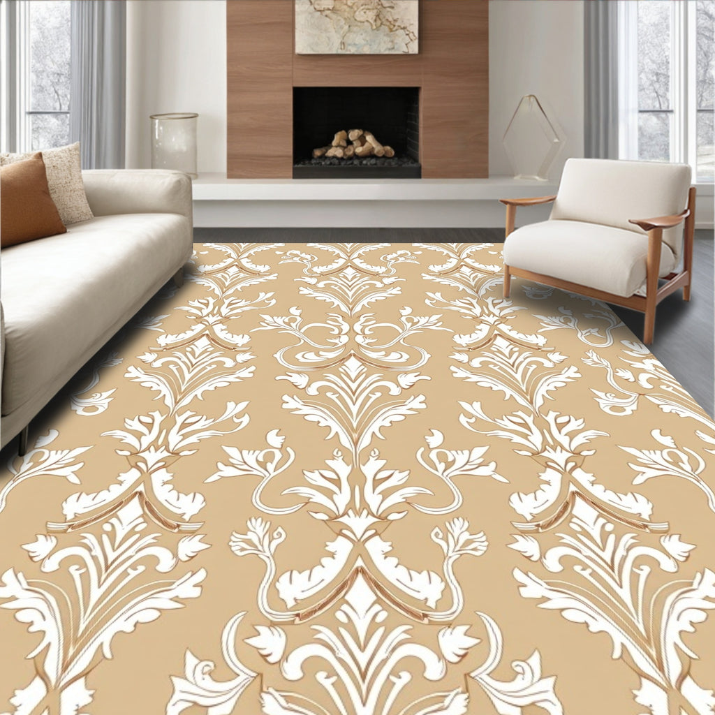 Classic Damask White Beige Pattern Rug
