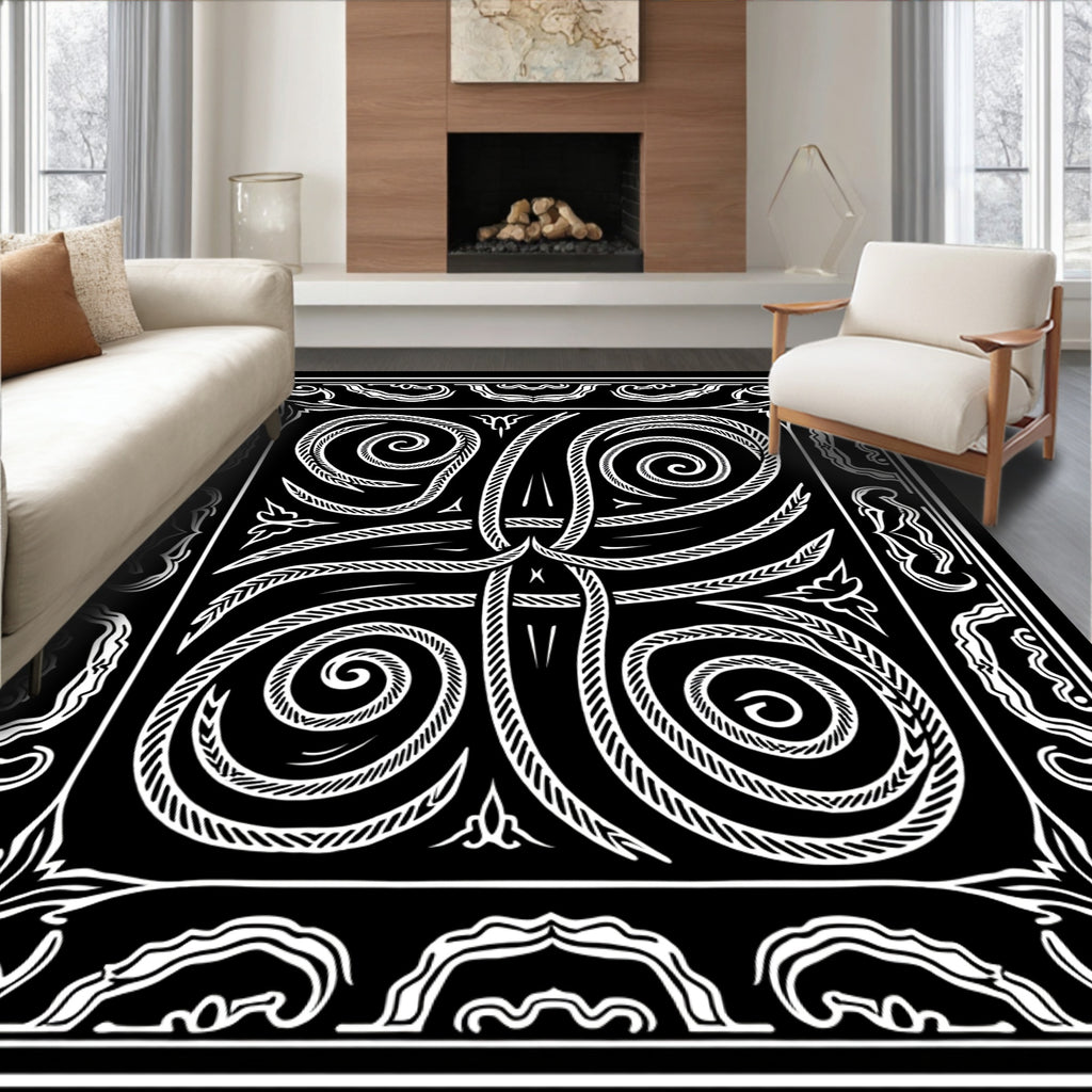 Ornate Black and White Scrollwork Design Rug