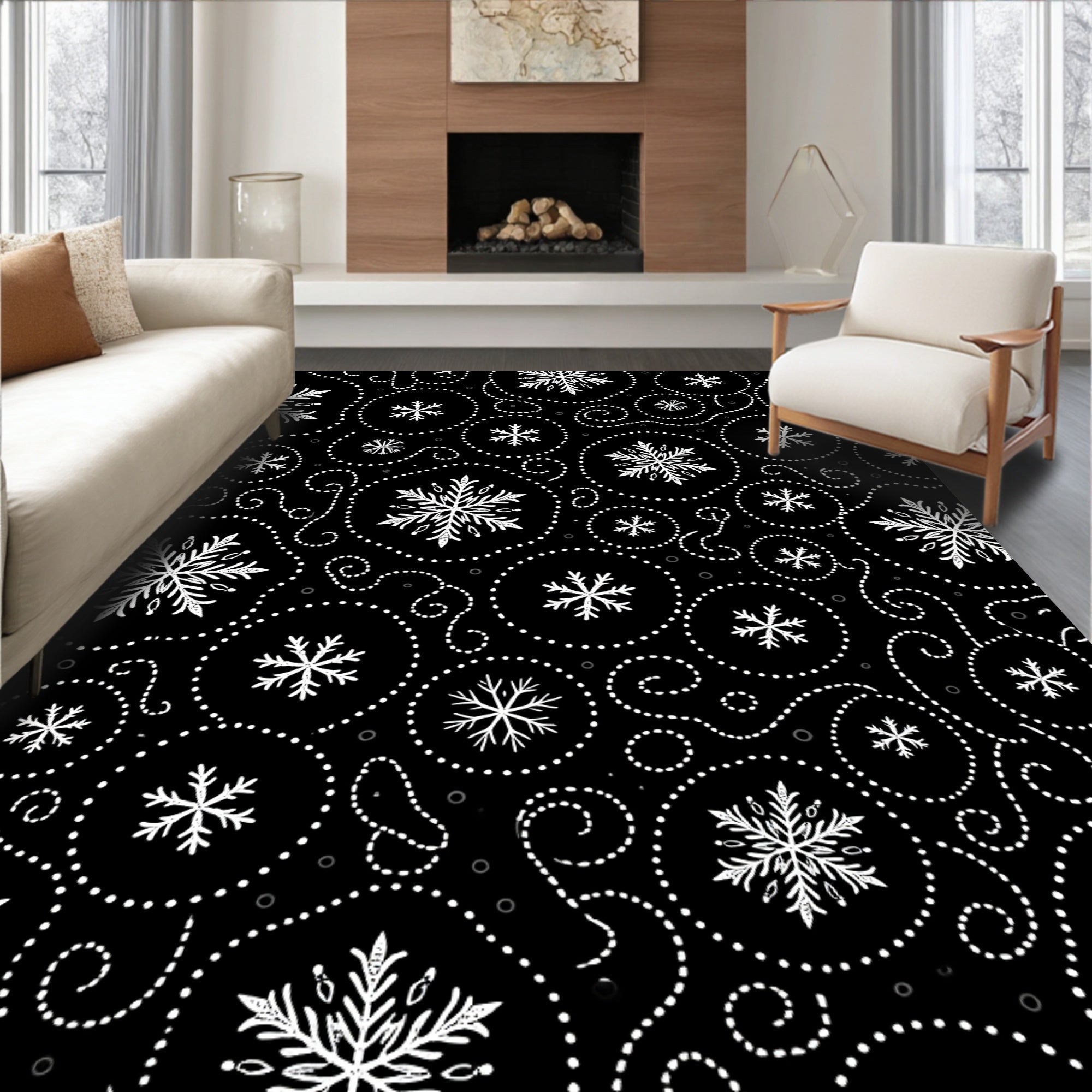 Winter White Snowflake Swirls Rug
