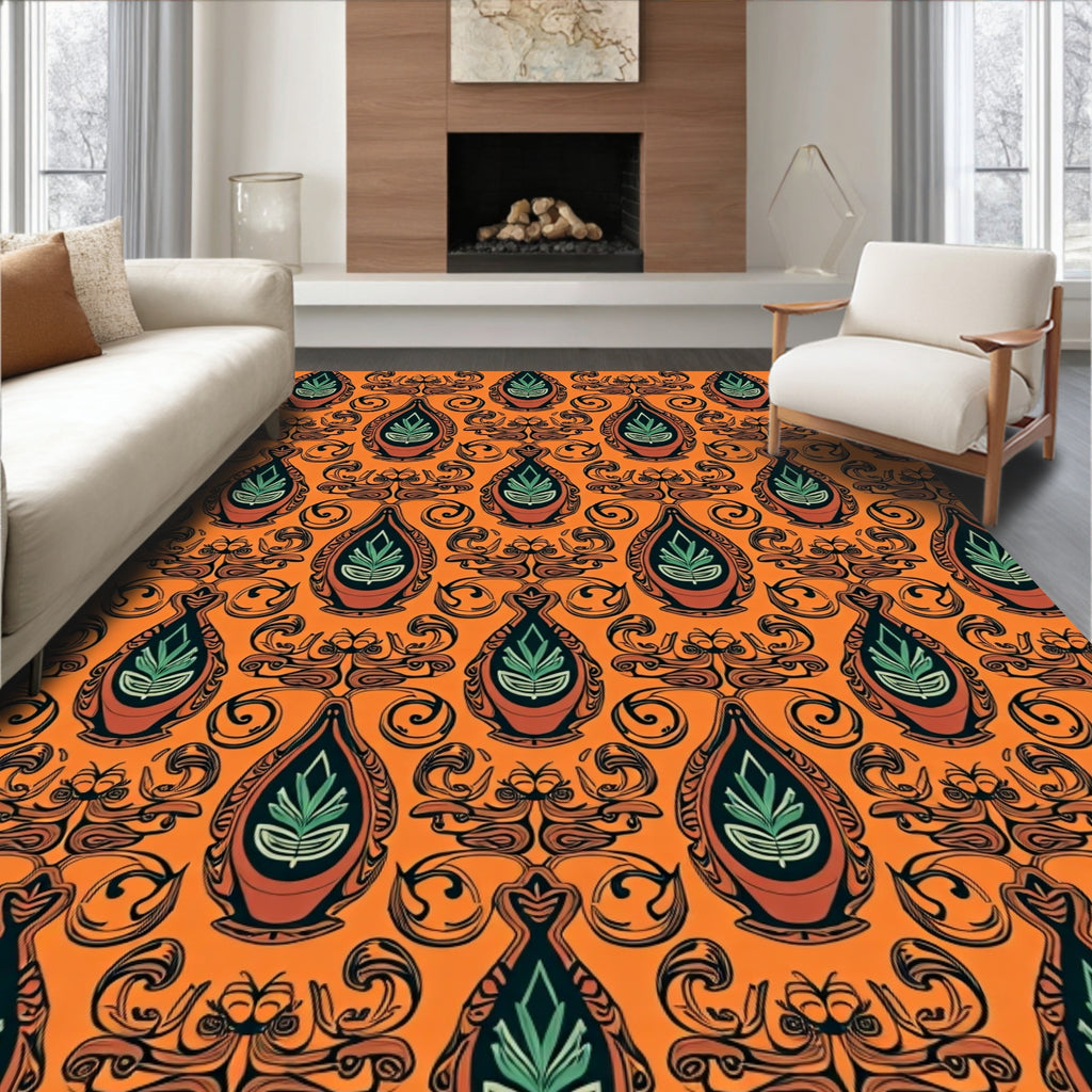 Orange Teal Floral Damask Pattern Rug