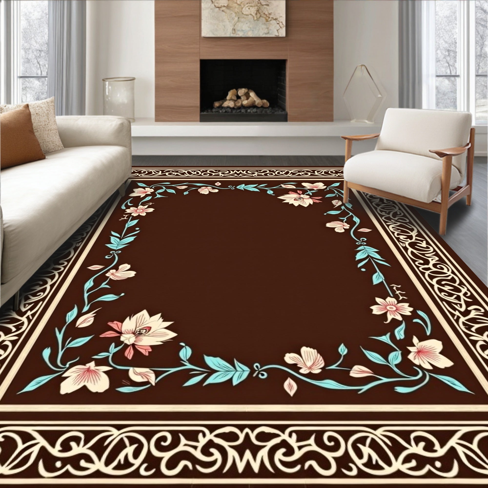 Floral Border With Winding Vines Design Rug