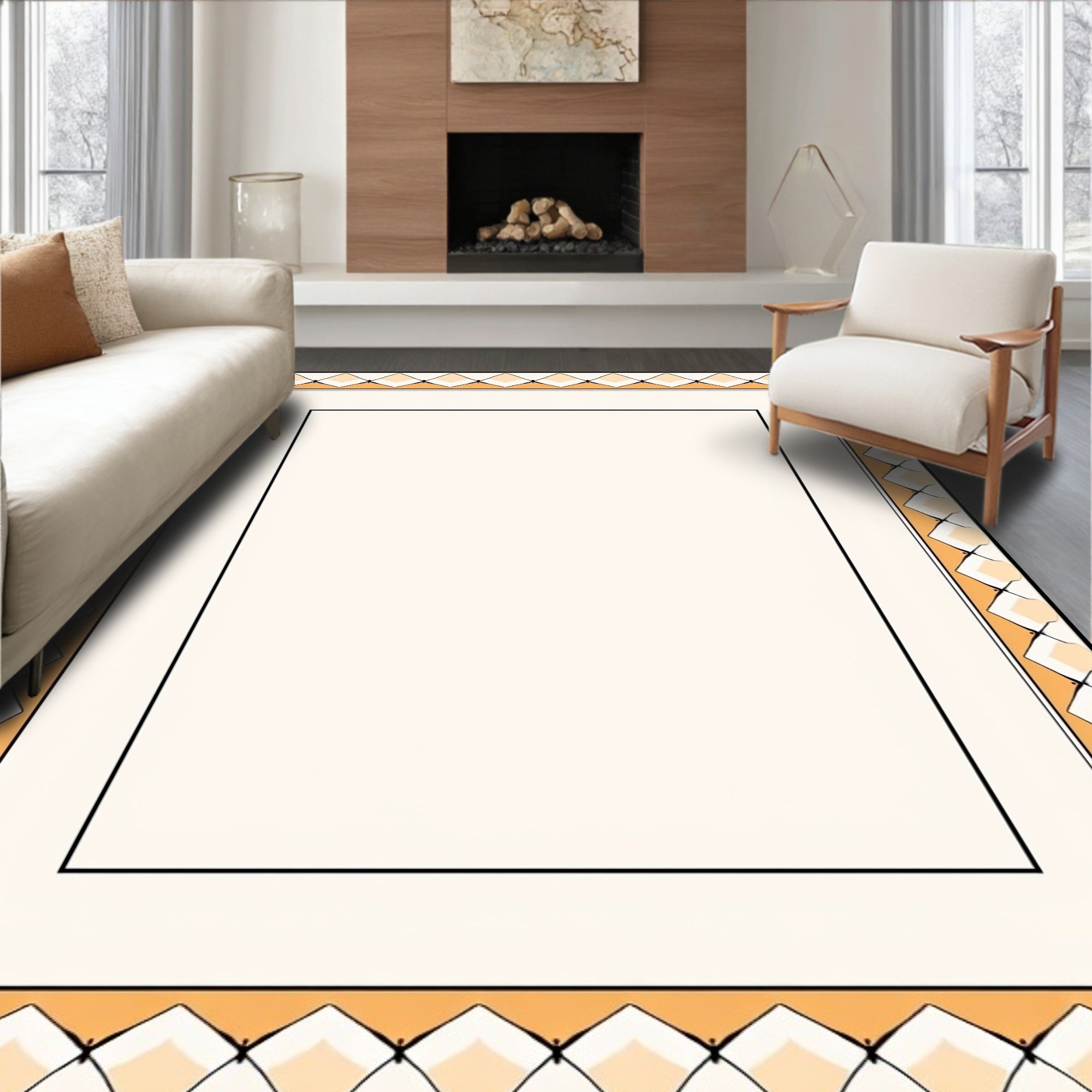 Geometric Border Cream Soft Orange Rug
