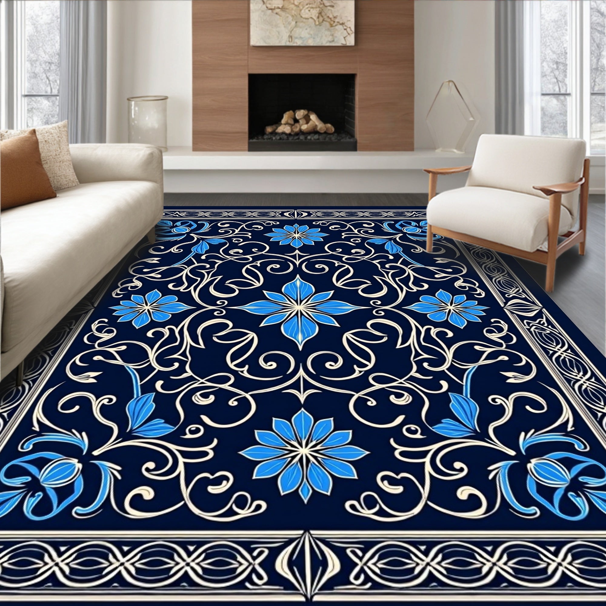 Elegant Floral Swirl Scroll Pattern Rug
