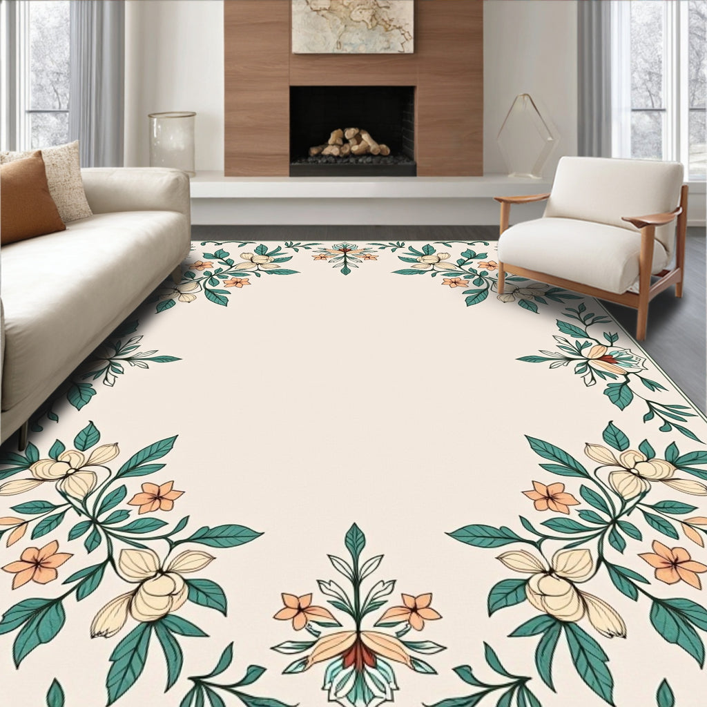Elegant Floral Vine Botanical Frame Rug