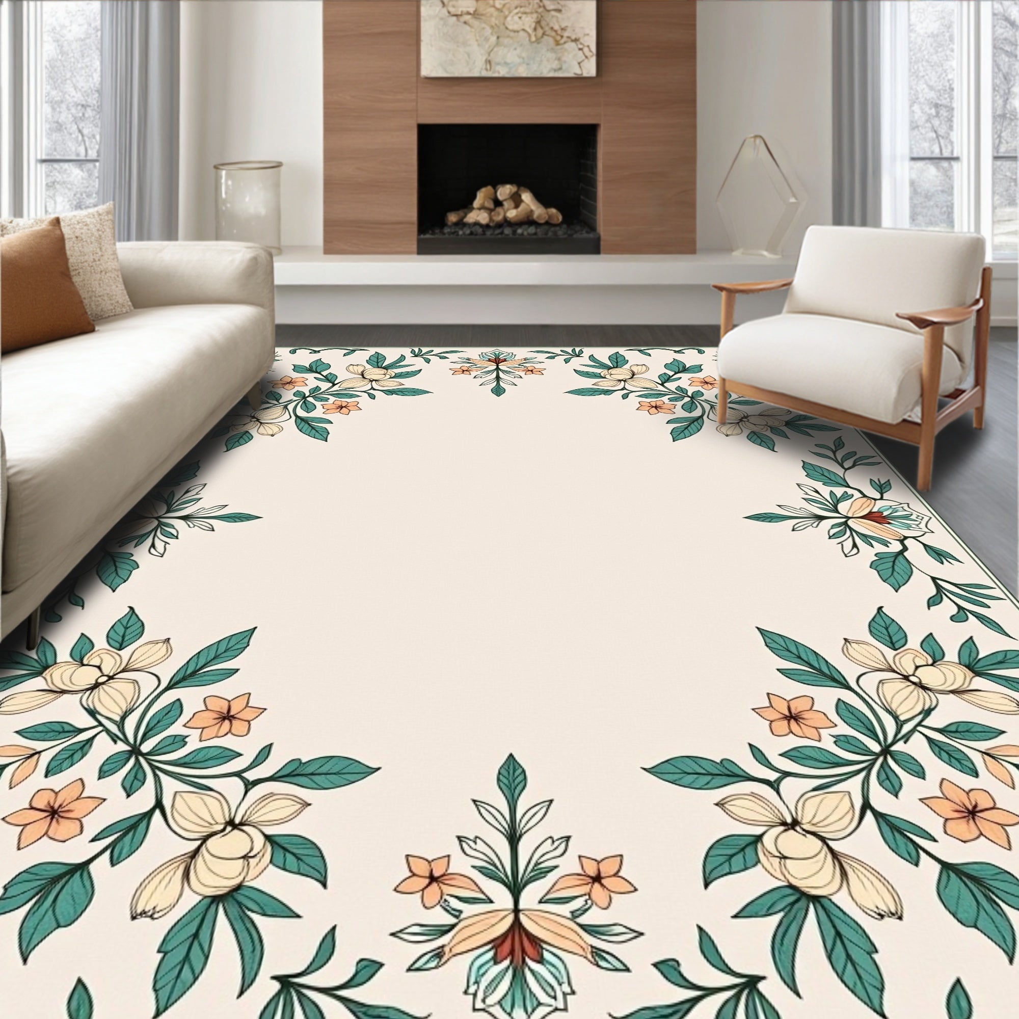 Elegant Floral Vine Botanical Frame Rug