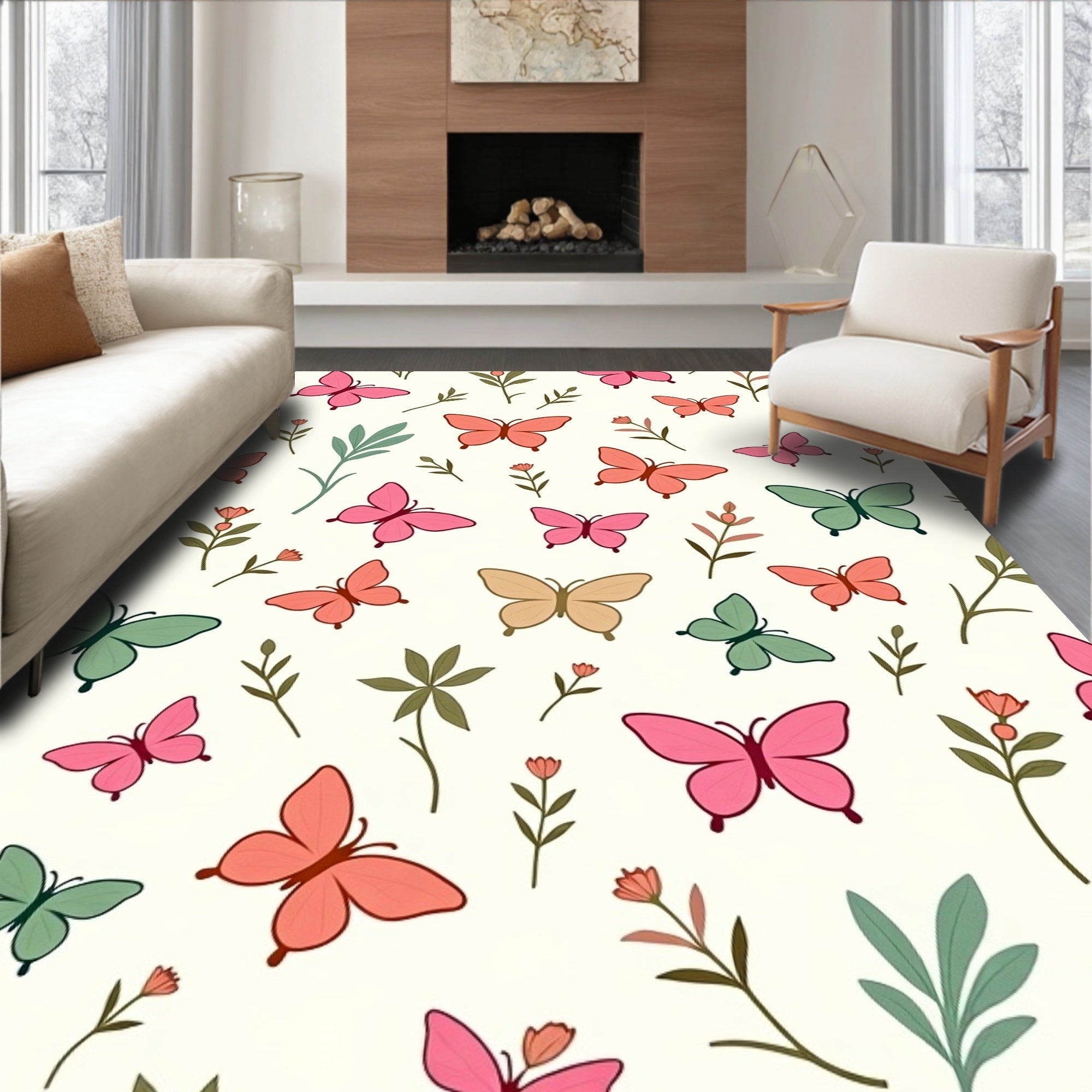 Delicate Butterfly and Floral Pattern Rug