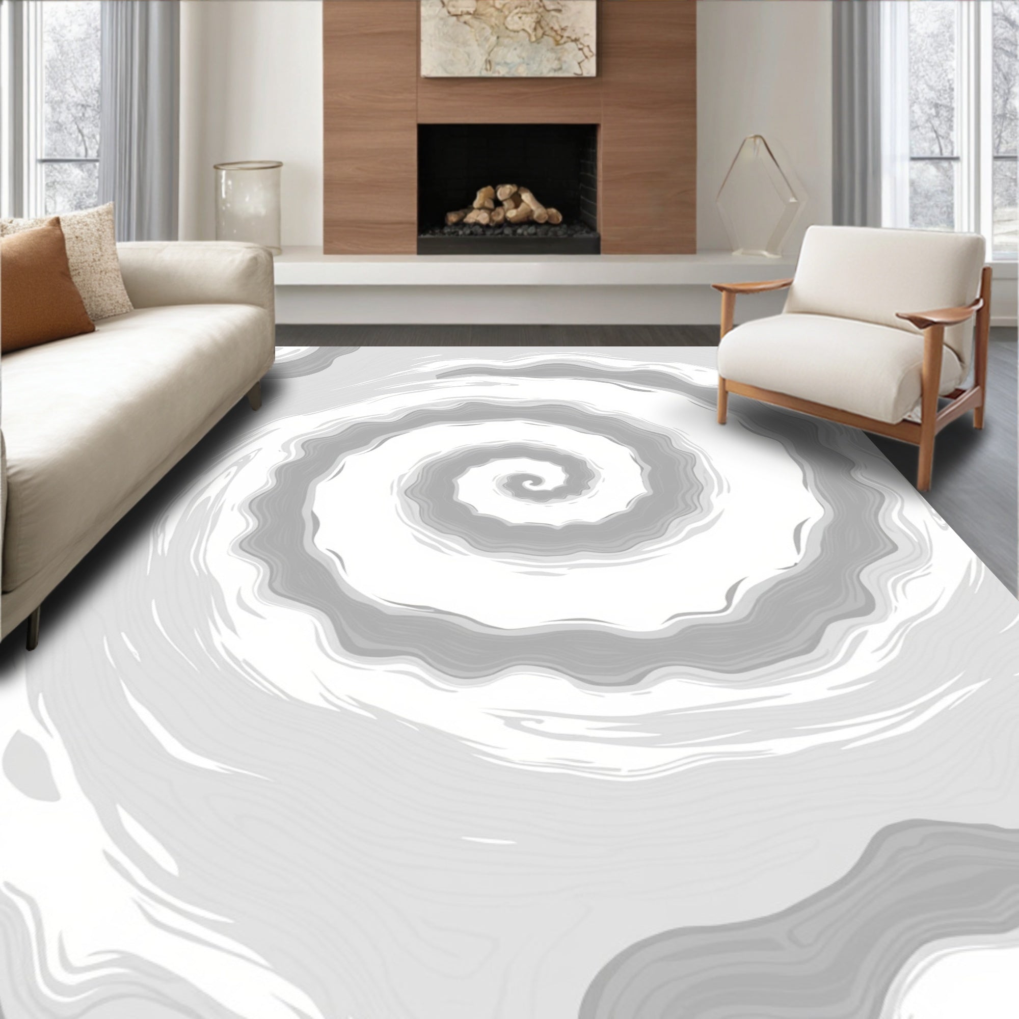 Abstract Swirl Gray White Flow Rug