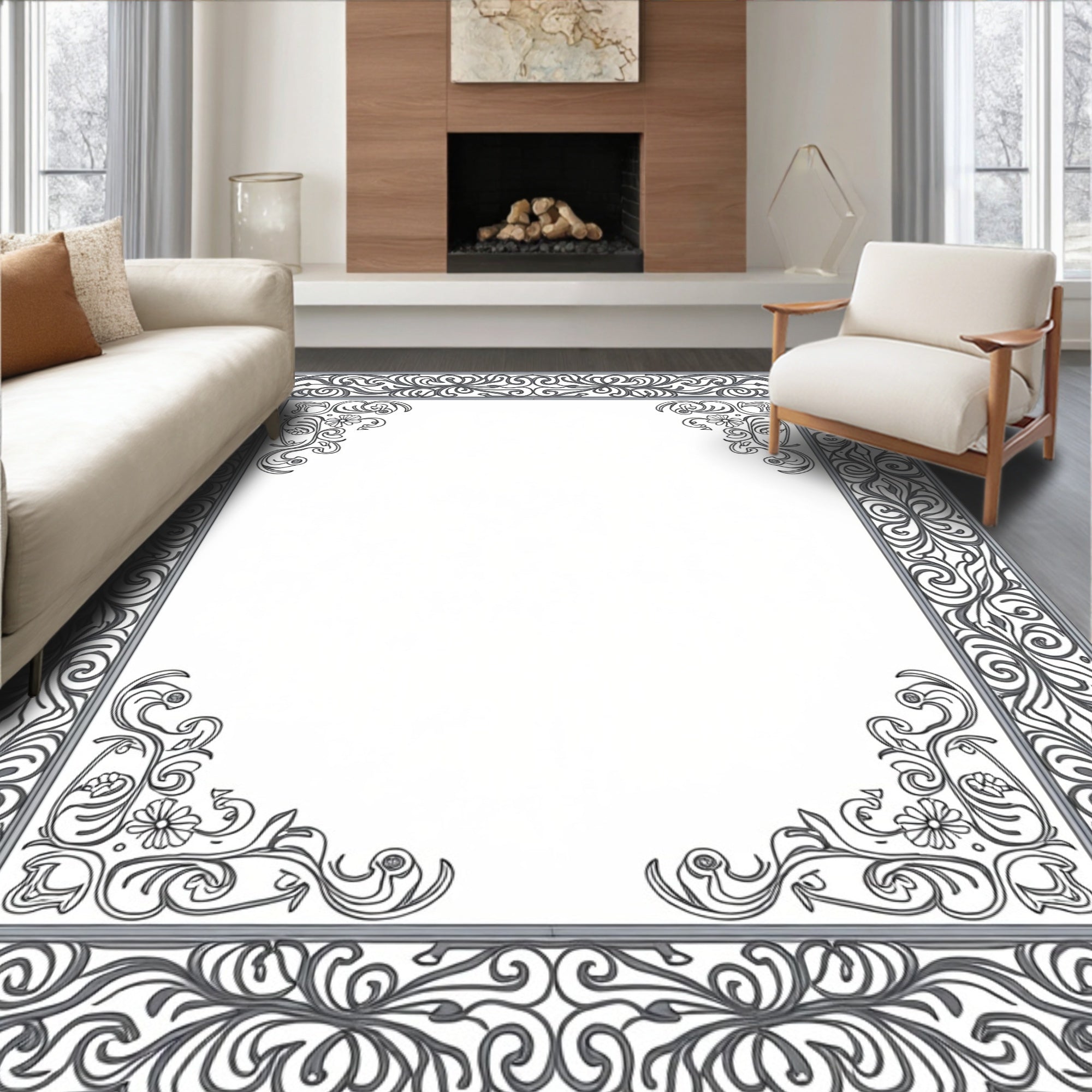Ornate Floral Swirl Border Design Rug