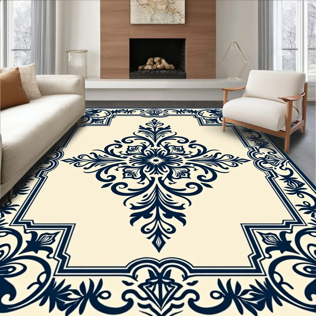 Classic Dark Blue Floral Scroll Border Rug