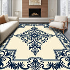 Classic Dark Blue Floral Scroll Border Rug