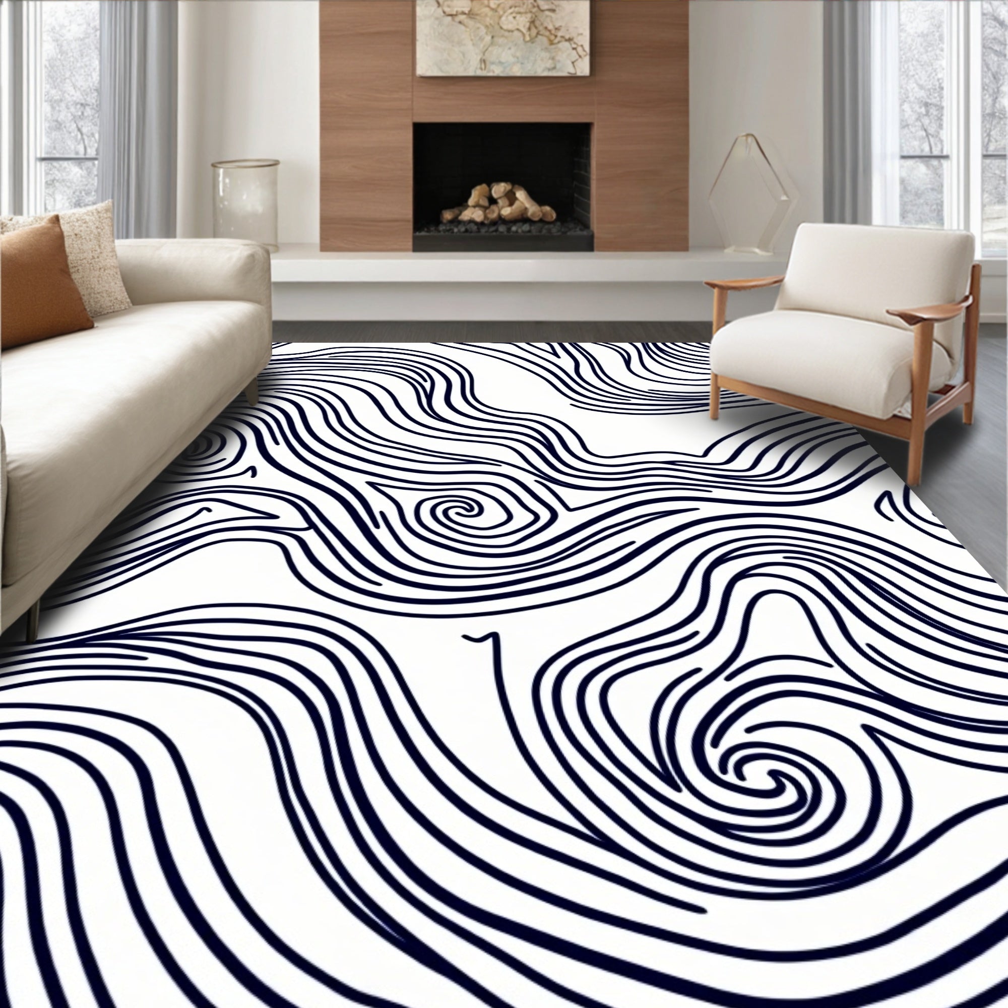 Abstract Organic Swirl Line Pattern Rug