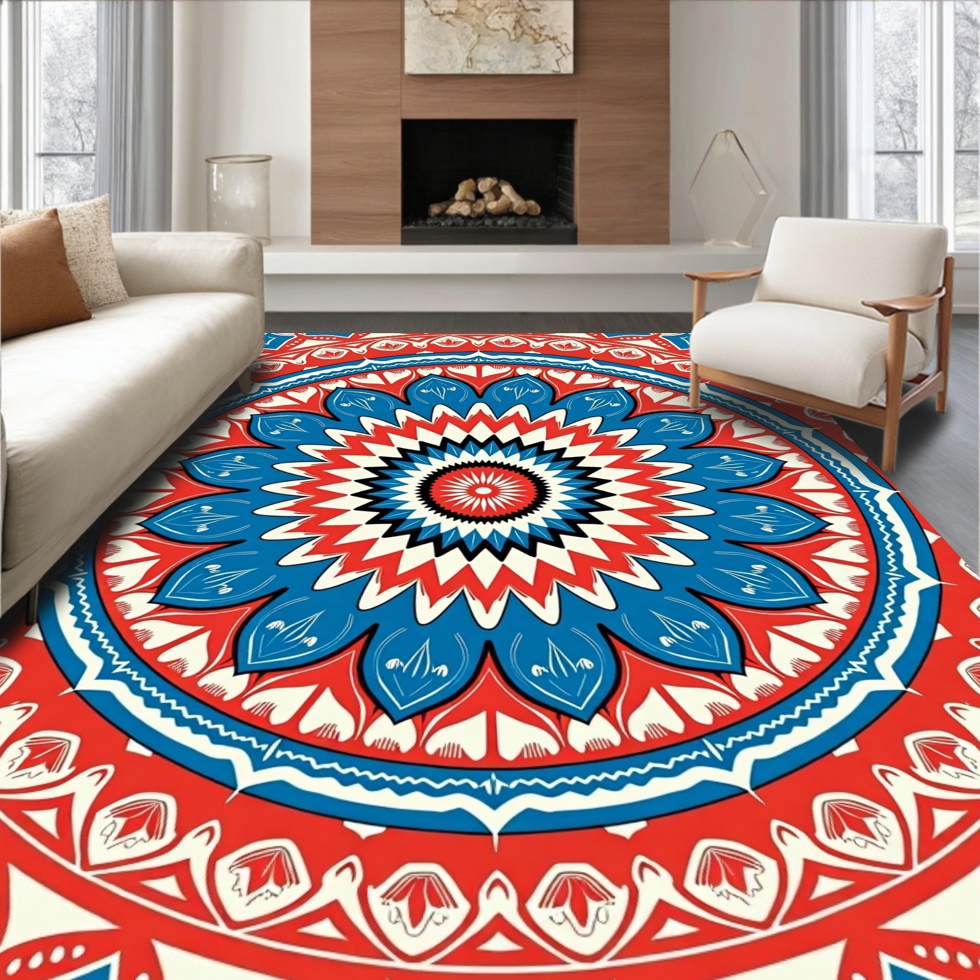 Vibrant Red Blue Floral Mandala Design Rug